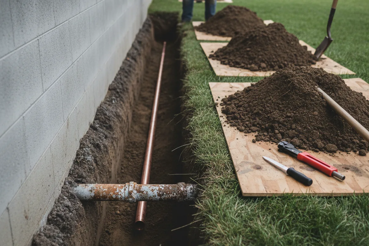 Excavated water line trench during Water Softener Installation in Swansboro